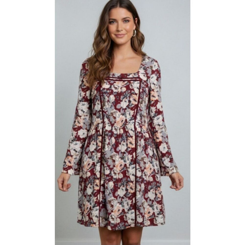 doe & Rae womens large boho floral dress burgundy whimsy goth square neck
